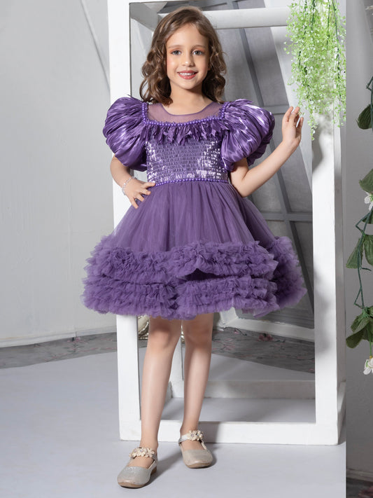Enfance Half Sleeves Floral Applique & Detailed Flared Dress - Purple