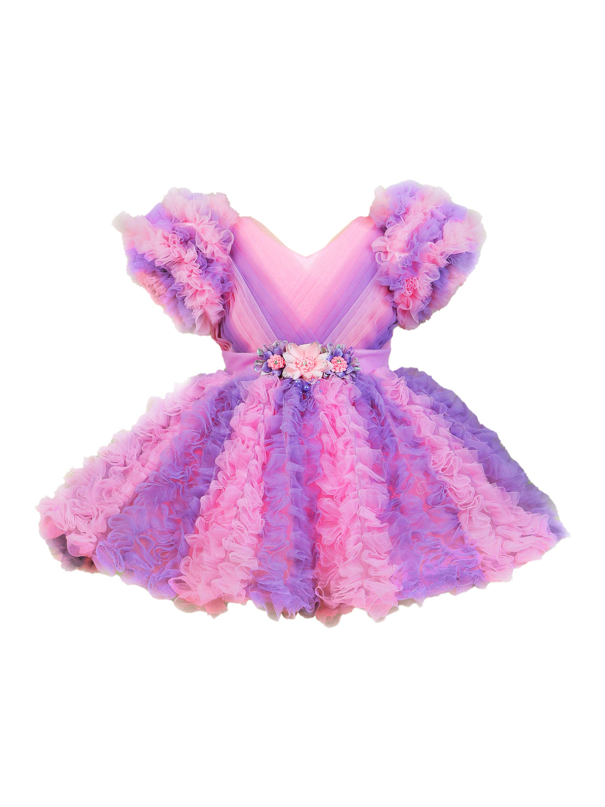 Enfance Short Sleeve Embellished Layered Party Net Dress  Pink