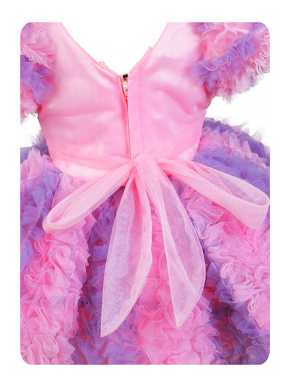 Enfance Short Sleeve Embellished Layered Party Net Dress  Pink