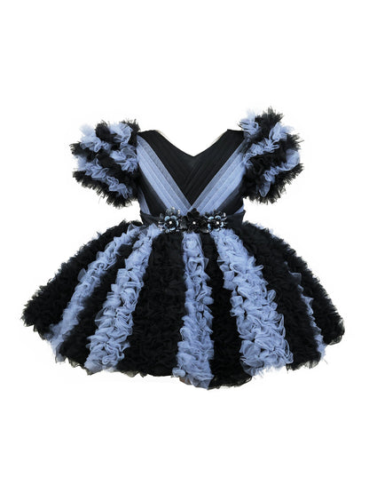 Enfance Short Sleeve Embellished Layered Party Net Dress  Black