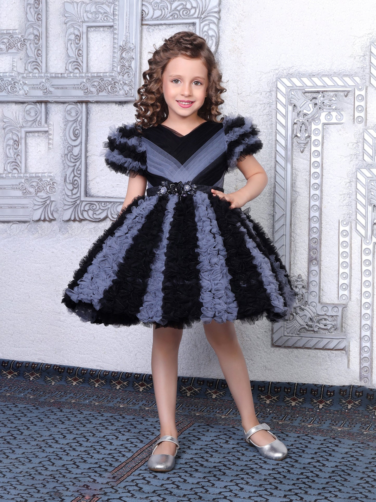 Enfance Short Sleeve Embellished Layered Party Net Dress  Black