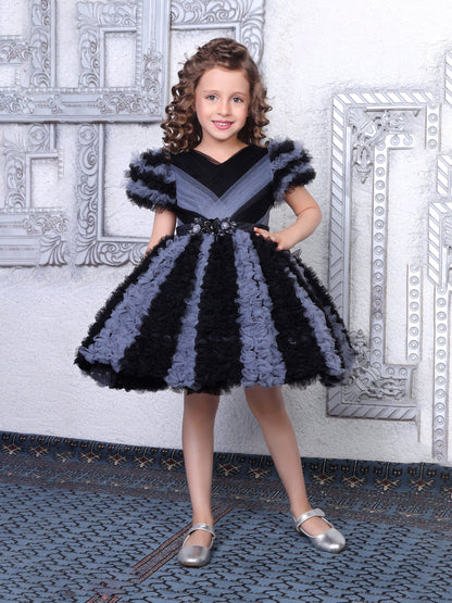 Enfance Short Sleeve Embellished Layered Party Net Dress  Black