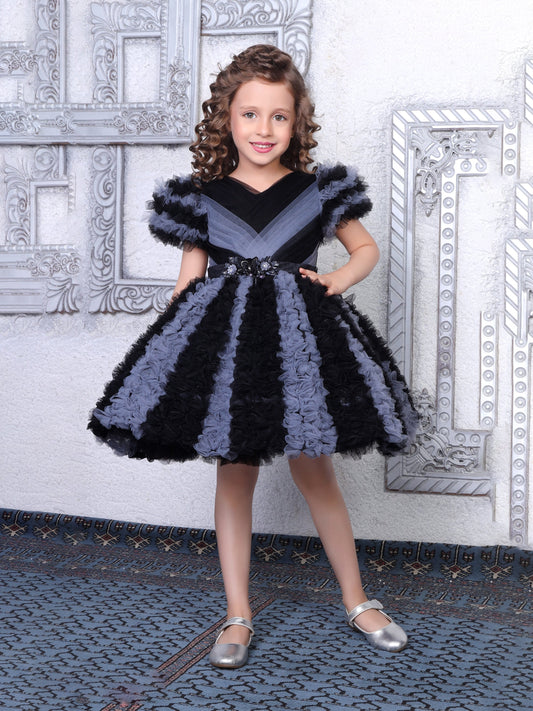 Enfance Short Sleeve Embellished Layered Party Net Dress  Black