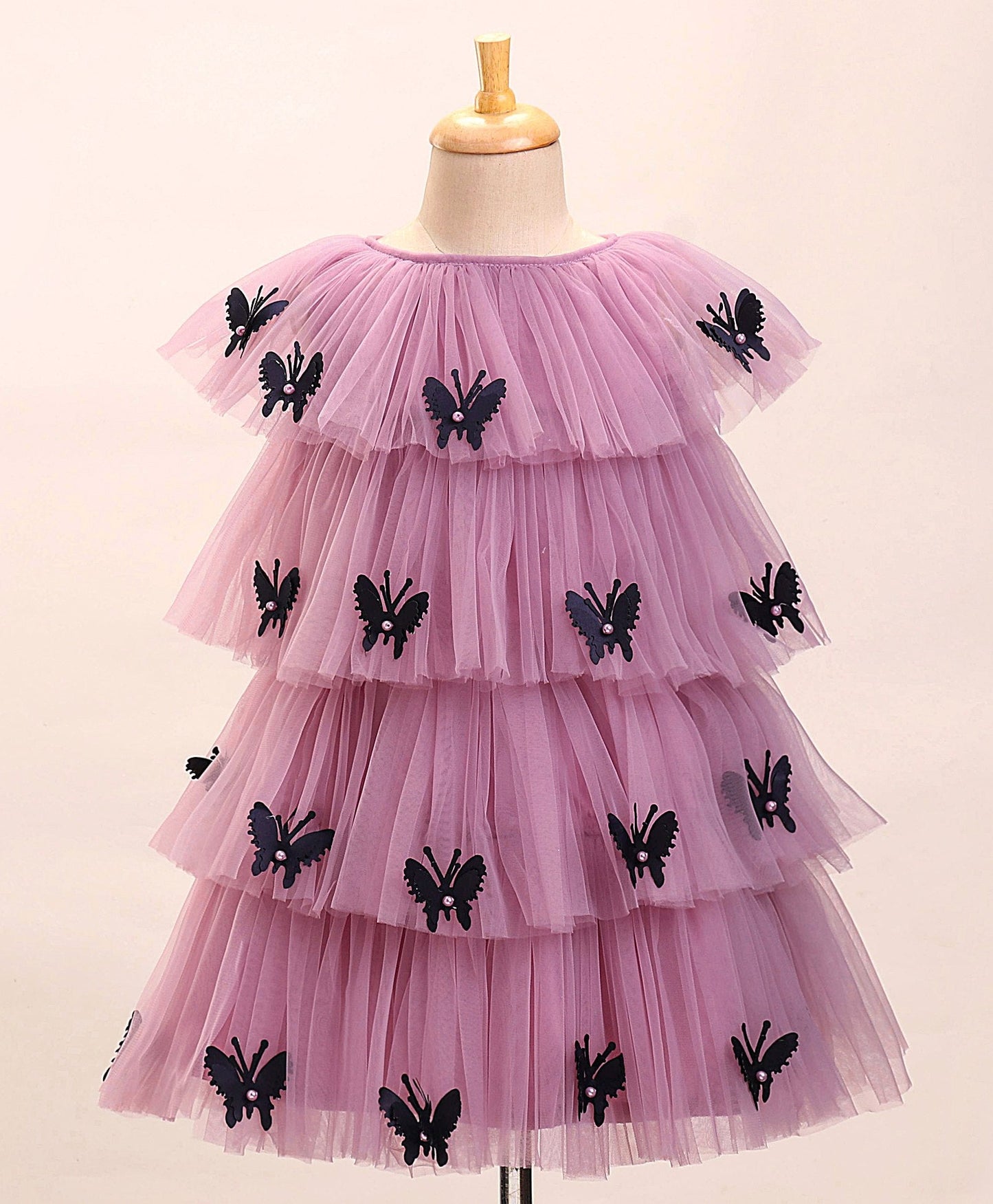 Enfance Cap Sleeves All Over Butterfly Applique Embellished Layered Dress-O.Pink