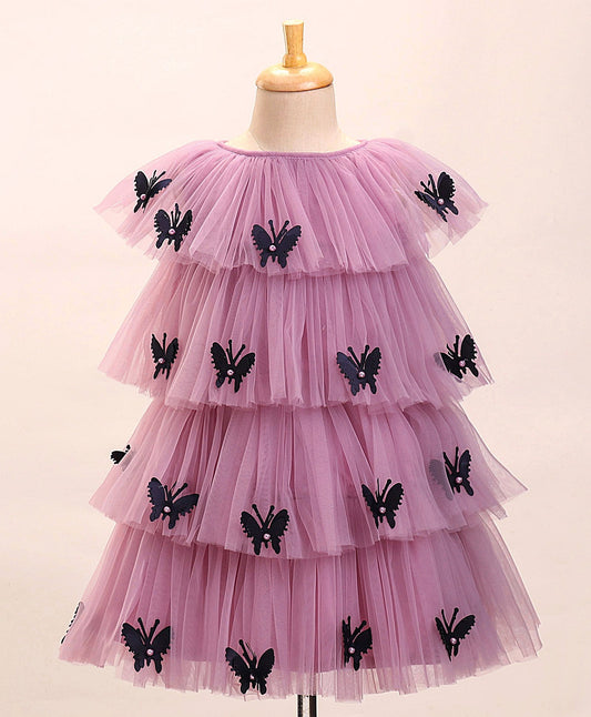 Enfance Cap Sleeves All Over Butterfly Applique Embellished Layered Dress-O.Pink