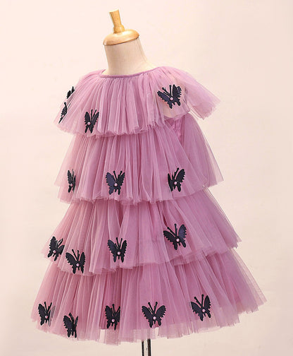 Enfance Cap Sleeves All Over Butterfly Applique Embellished Layered Dress-O.Pink