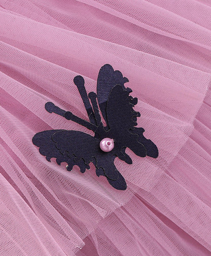 Enfance Cap Sleeves All Over Butterfly Applique Embellished Layered Dress-O.Pink
