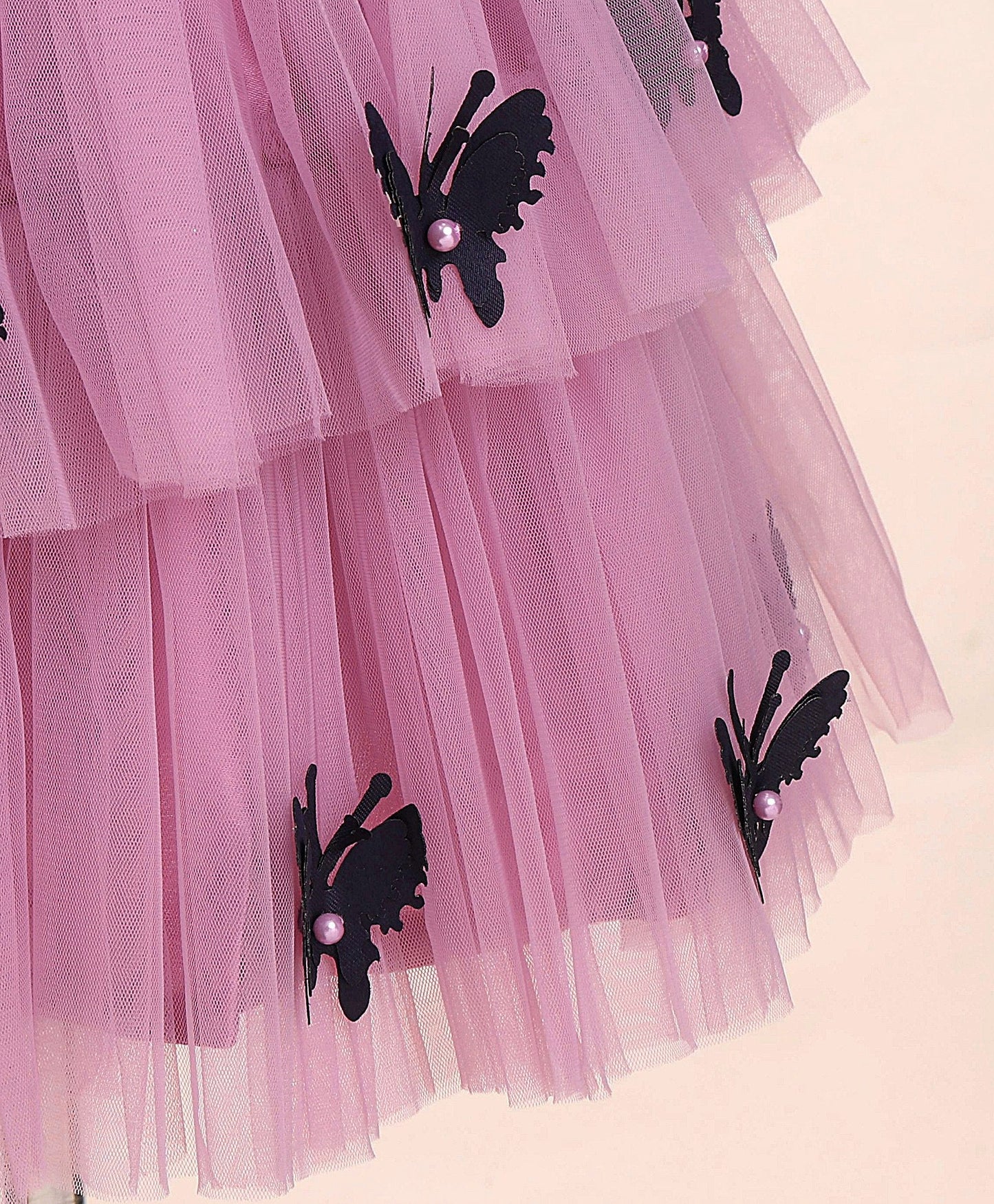 Enfance Cap Sleeves All Over Butterfly Applique Embellished Layered Dress-O.Pink