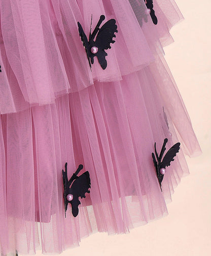 Enfance Cap Sleeves All Over Butterfly Applique Embellished Layered Dress-O.Pink