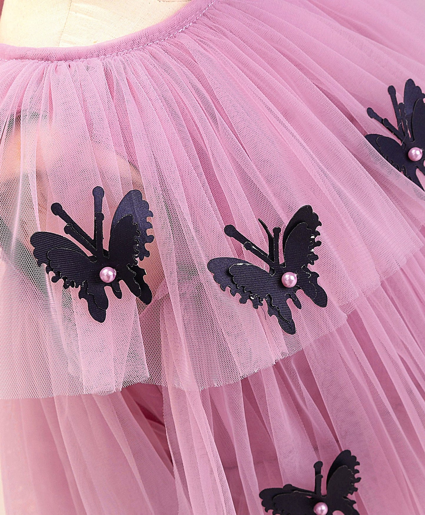 Enfance Cap Sleeves All Over Butterfly Applique Embellished Layered Dress-O.Pink