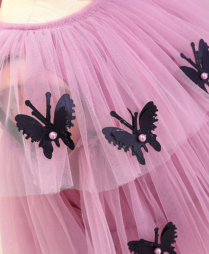 Enfance Cap Sleeves All Over Butterfly Applique Embellished Layered Dress-O.Pink