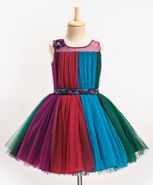 Enfance Sleeveless Mesh Yoke Dress With Flower Applique-Wine