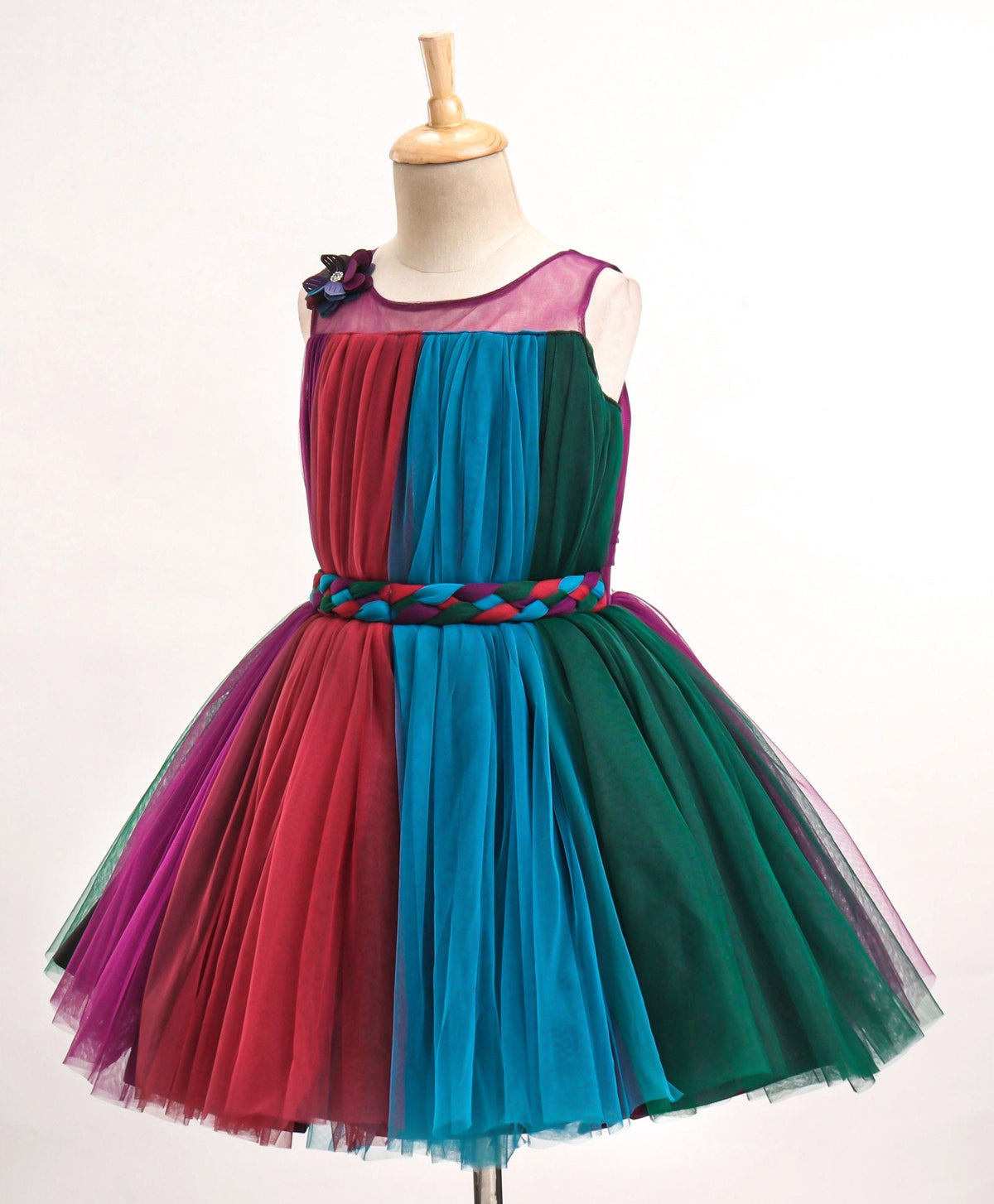 Enfance Sleeveless Mesh Yoke Dress With Flower Applique-Wine