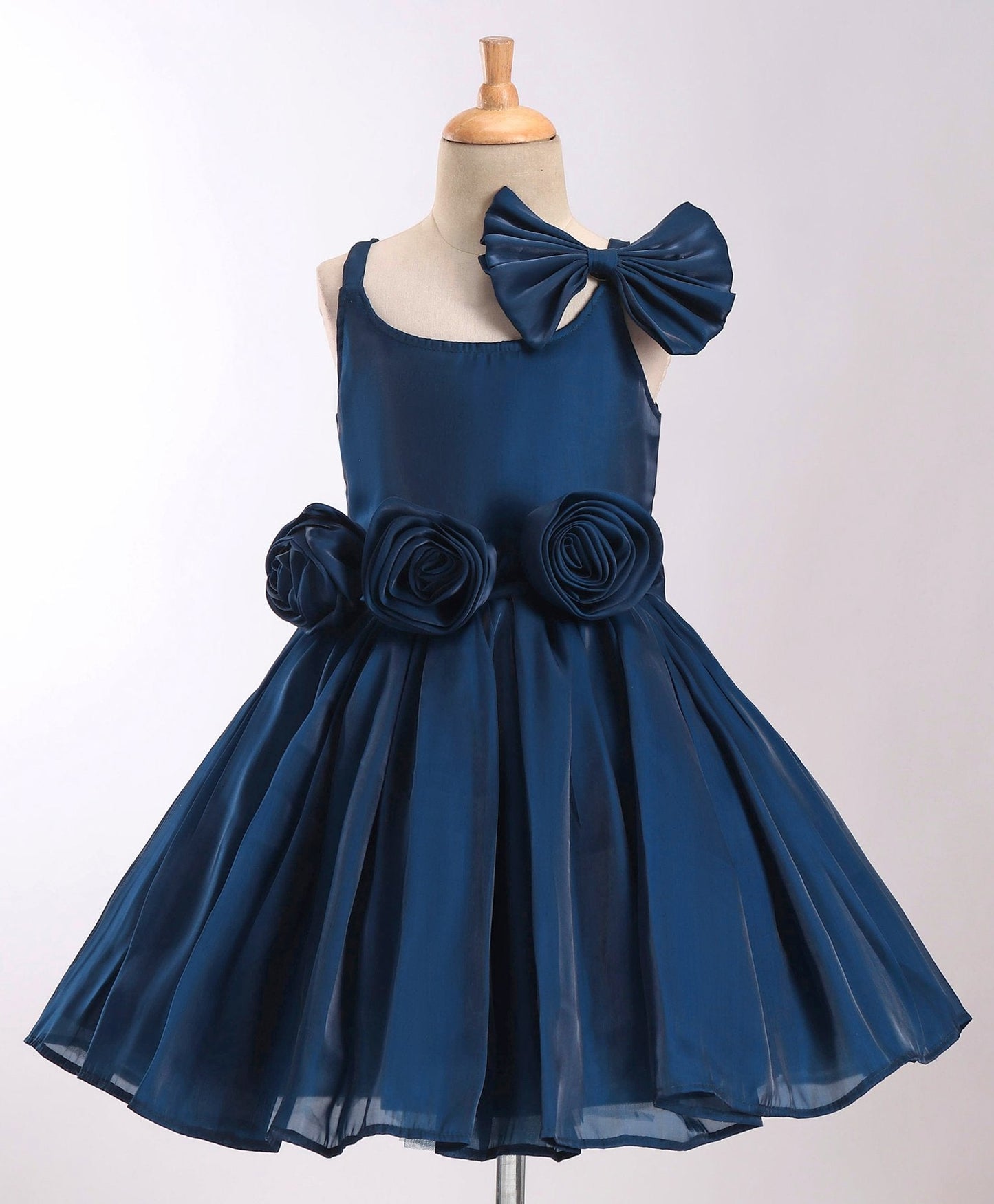 Enfance Sleeveless Rose Applique Dress With Hair-Bow-P.Blue