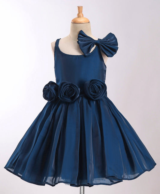 Enfance Sleeveless Rose Applique Dress With Hair-Bow-P.Blue