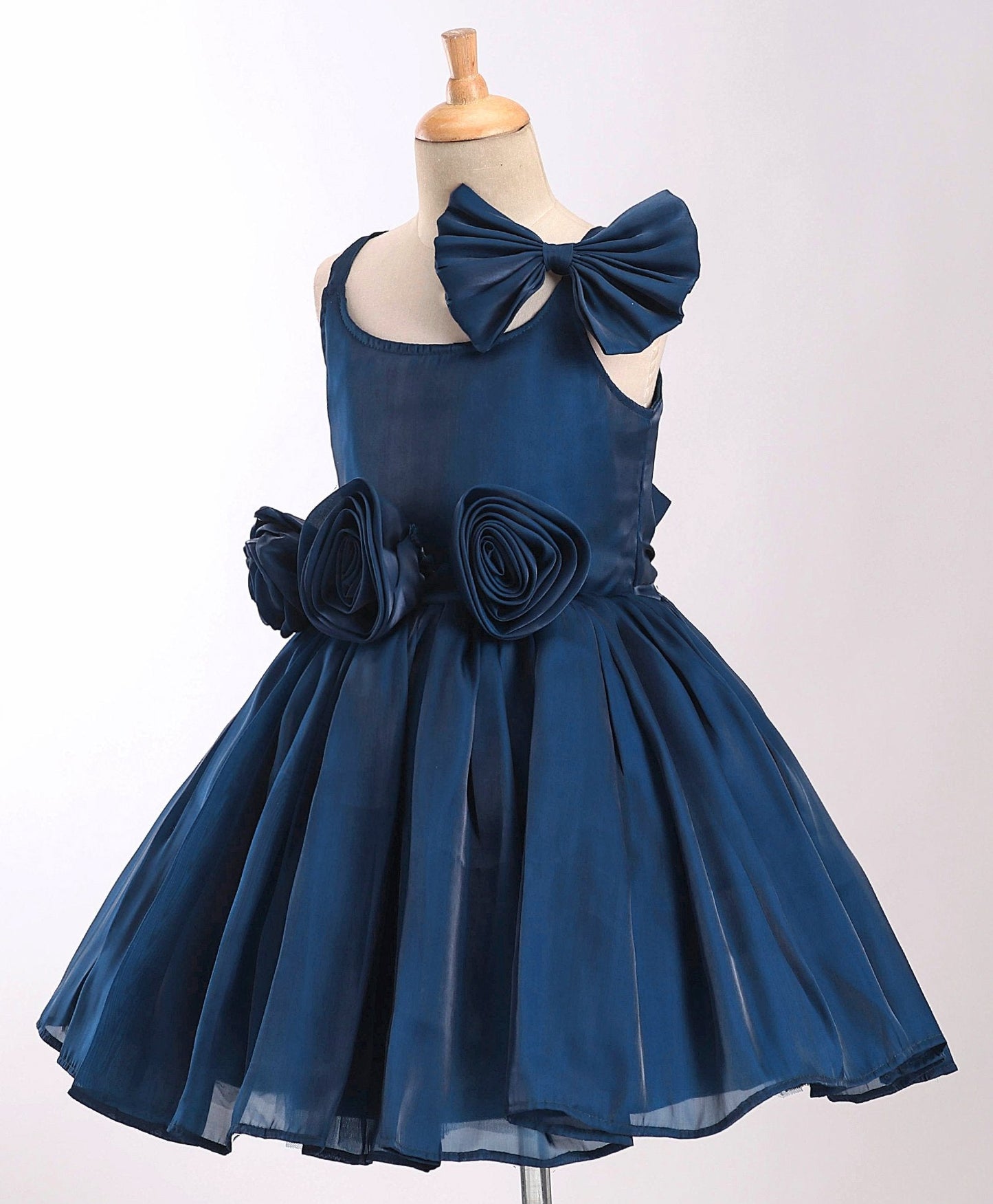 Enfance Sleeveless Rose Applique Dress With Hair-Bow-P.Blue