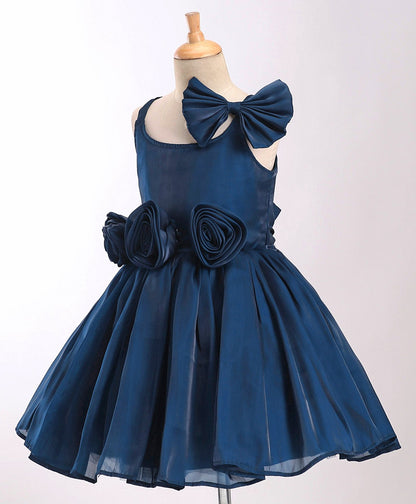 Enfance Sleeveless Rose Applique Dress With Hair-Bow-P.Blue