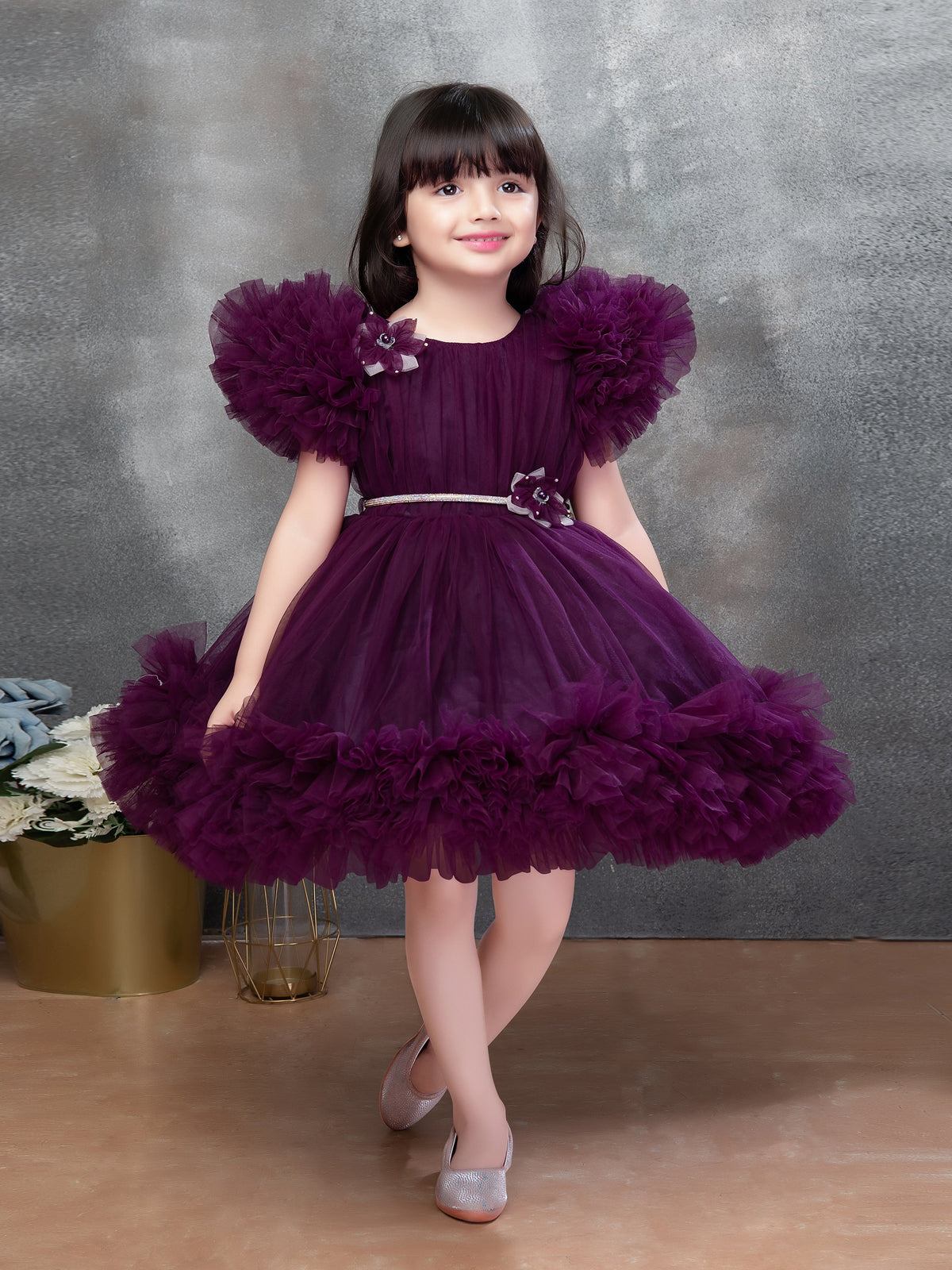 Enfance Half Sleeves Floral Applique Beads Embellished Dress - Wine