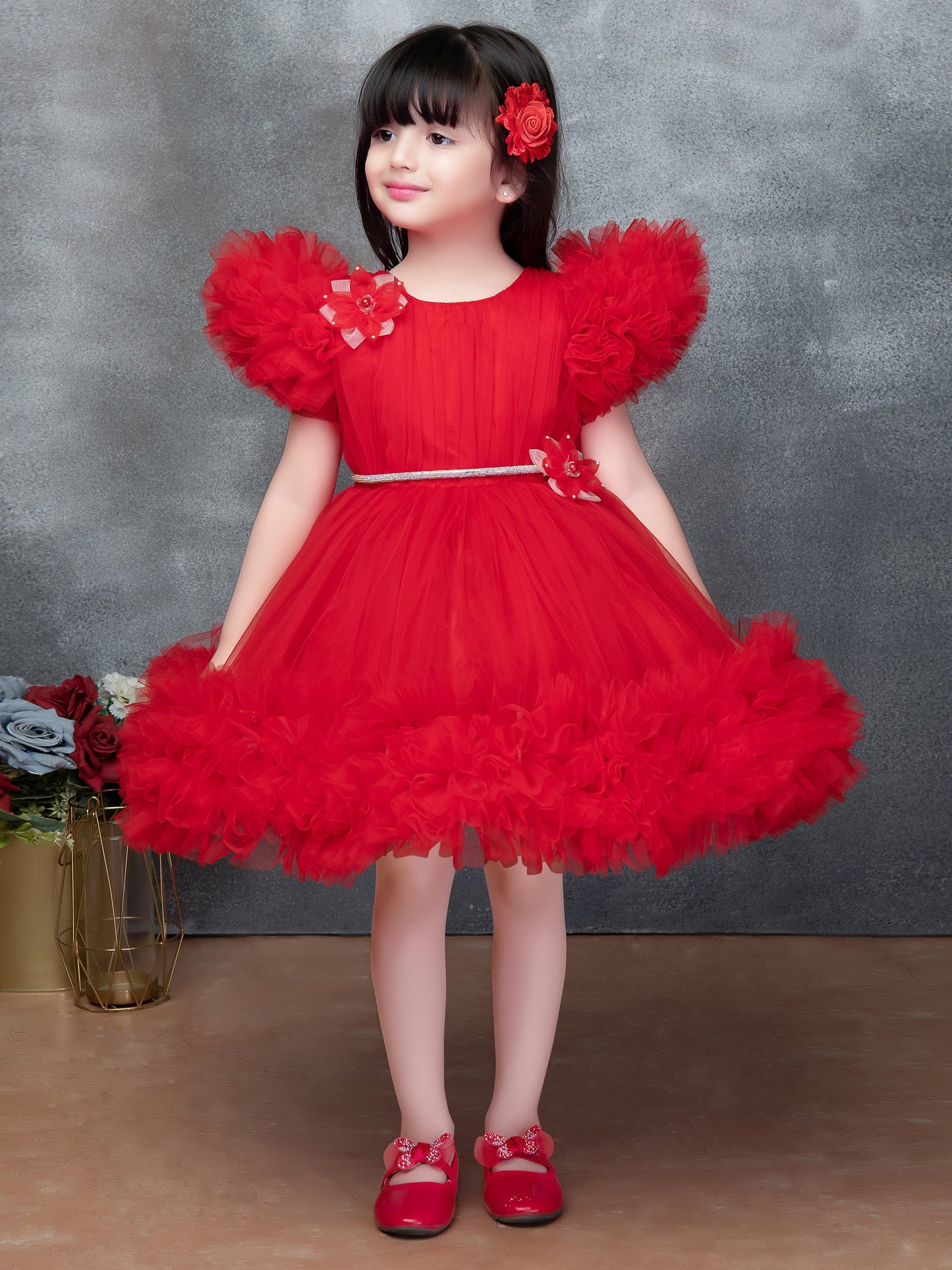 Enfance Half Sleeves Floral Applique Beads Embellished Dress - Red