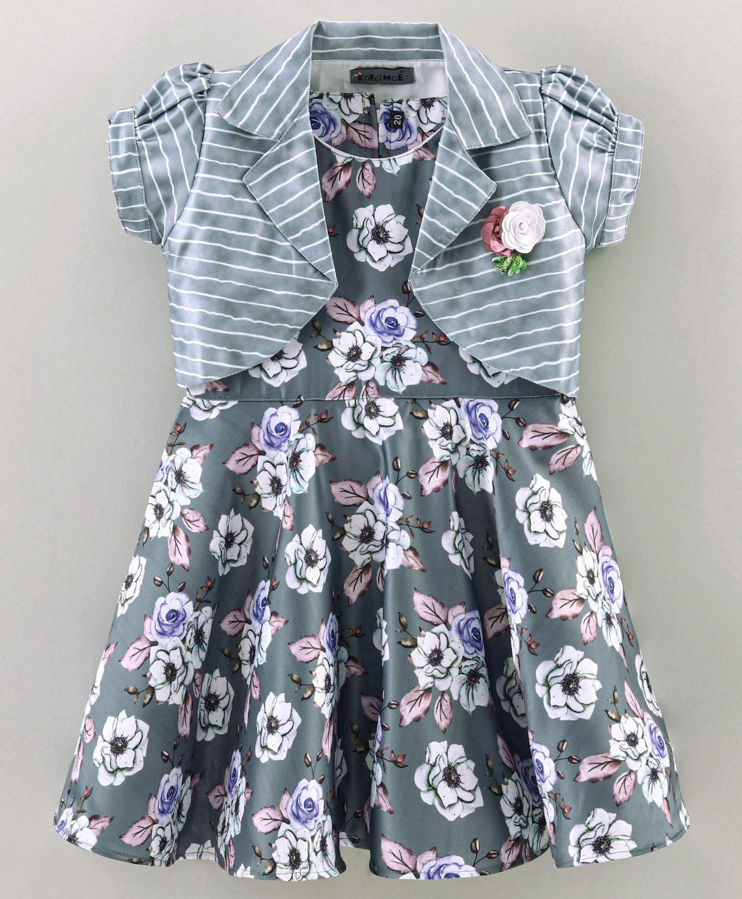 Enfance Floral Print Dress With Puff Sleeves Shrug-Grey