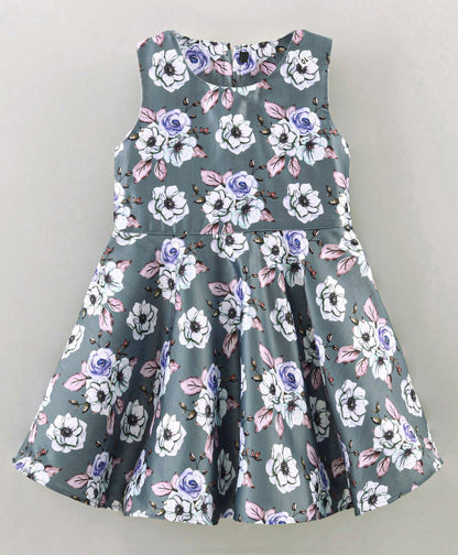 Enfance Floral Print Dress With Puff Sleeves Shrug-Grey