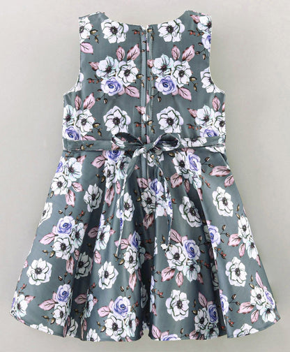 Enfance Floral Print Dress With Puff Sleeves Shrug-Grey
