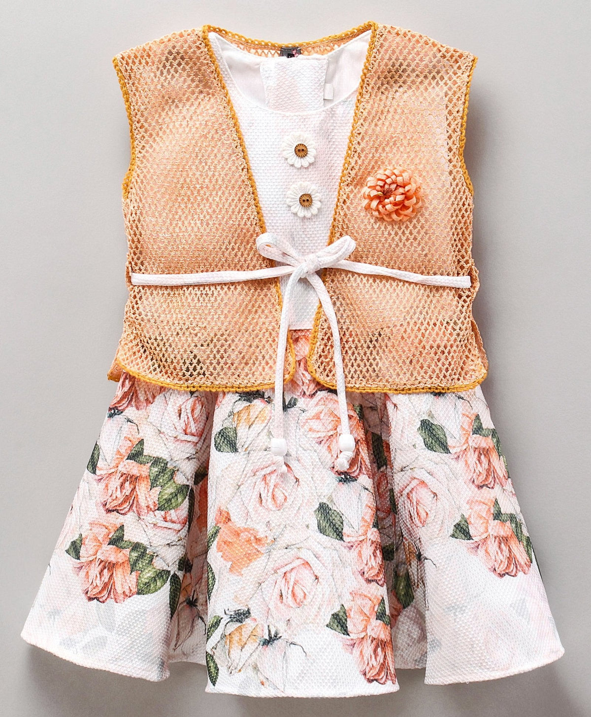 Enfance Floral Print Dress With Puff Sleeves Shrug -Cream