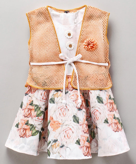 Enfance Floral Print Dress With Puff Sleeves Shrug -Cream