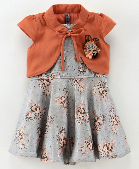 Enfance Sleeveless Flower Print Dress & Cap Sleeves Floral Applique Jacket -Brown
