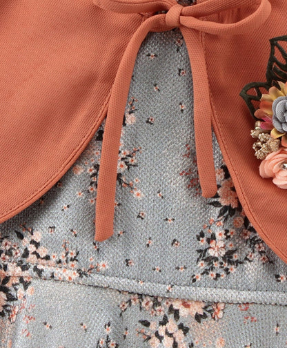 Enfance Sleeveless Flower Print Dress & Cap Sleeves Floral Applique Jacket -Brown