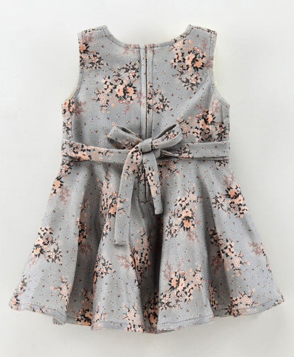 Enfance Sleeveless Flower Print Dress & Cap Sleeves Floral Applique Jacket -Brown