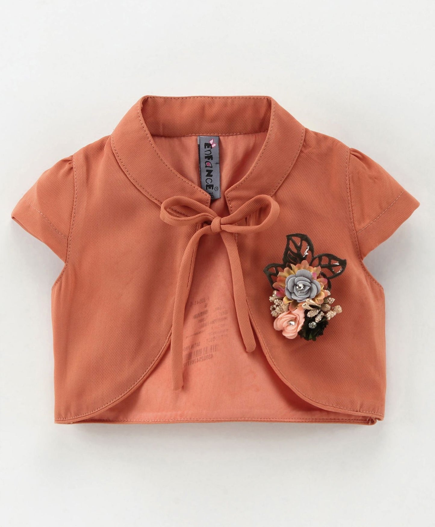 Enfance Sleeveless Flower Print Dress & Cap Sleeves Floral Applique Jacket -Brown