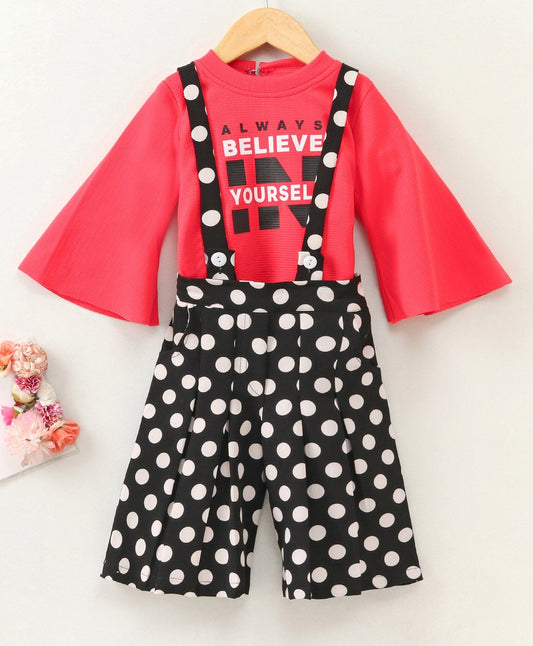 Enfance Full Sleeves Text Printed Tee With Polka Dot Printed Suspender Pants-Red