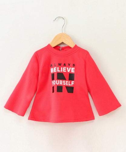 Enfance Full Sleeves Text Printed Tee With Polka Dot Printed Suspender Pants-Red
