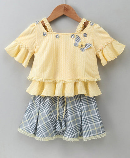 Enfance Half Sleeves Butterfly Applique Top & Checks Print Skirt Set -Lemon