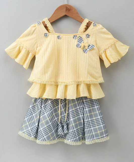 Enfance Half Sleeves Butterfly Applique Top & Checks Print Skirt Set -Lemon