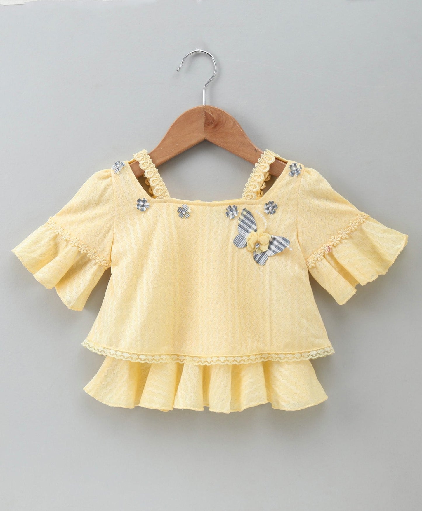 Enfance Half Sleeves Butterfly Applique Top & Checks Print Skirt Set -Lemon
