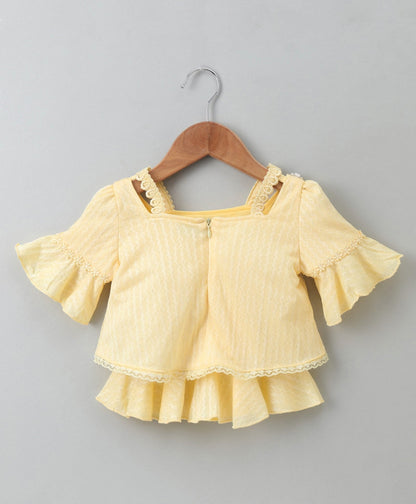 Enfance Half Sleeves Butterfly Applique Top & Checks Print Skirt Set -Lemon