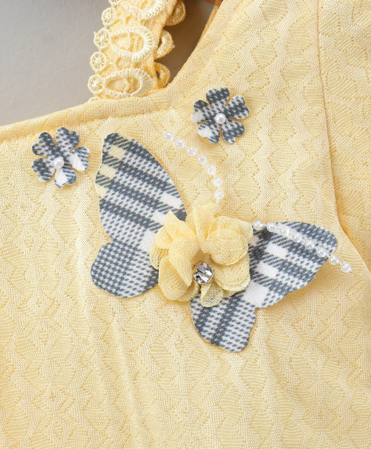 Enfance Half Sleeves Butterfly Applique Top & Checks Print Skirt Set -Lemon