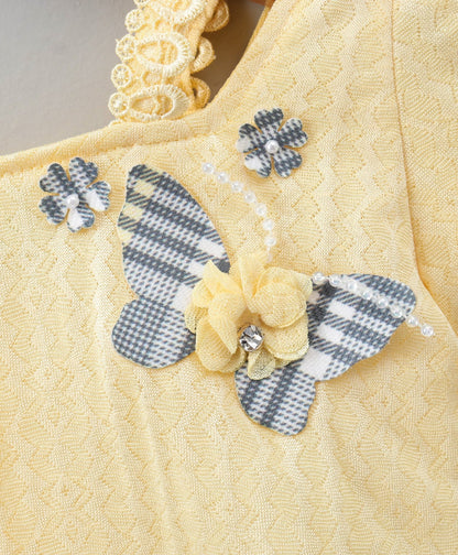 Enfance Half Sleeves Butterfly Applique Top & Checks Print Skirt Set -Lemon