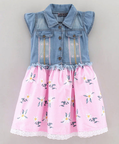 Enfance Cap Sleeves Embroidered With Floral & Stripes Print Flared Denim Yoke Dress -Pink
