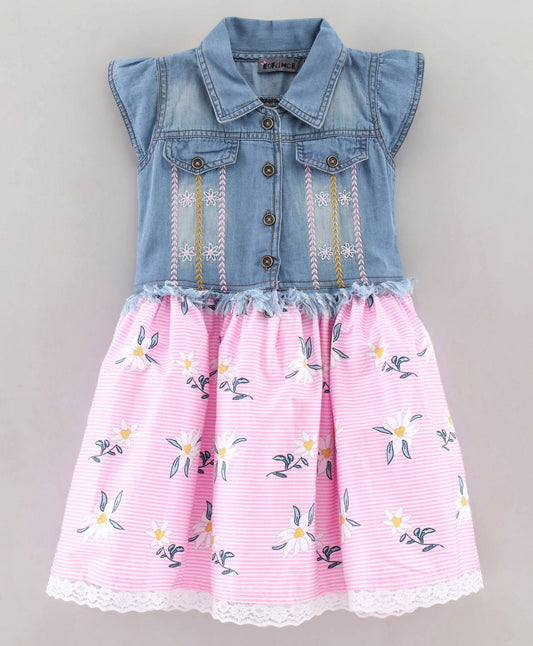 Enfance Cap Sleeves Embroidered With Floral & Stripes Print Flared Denim Yoke Dress -Pink