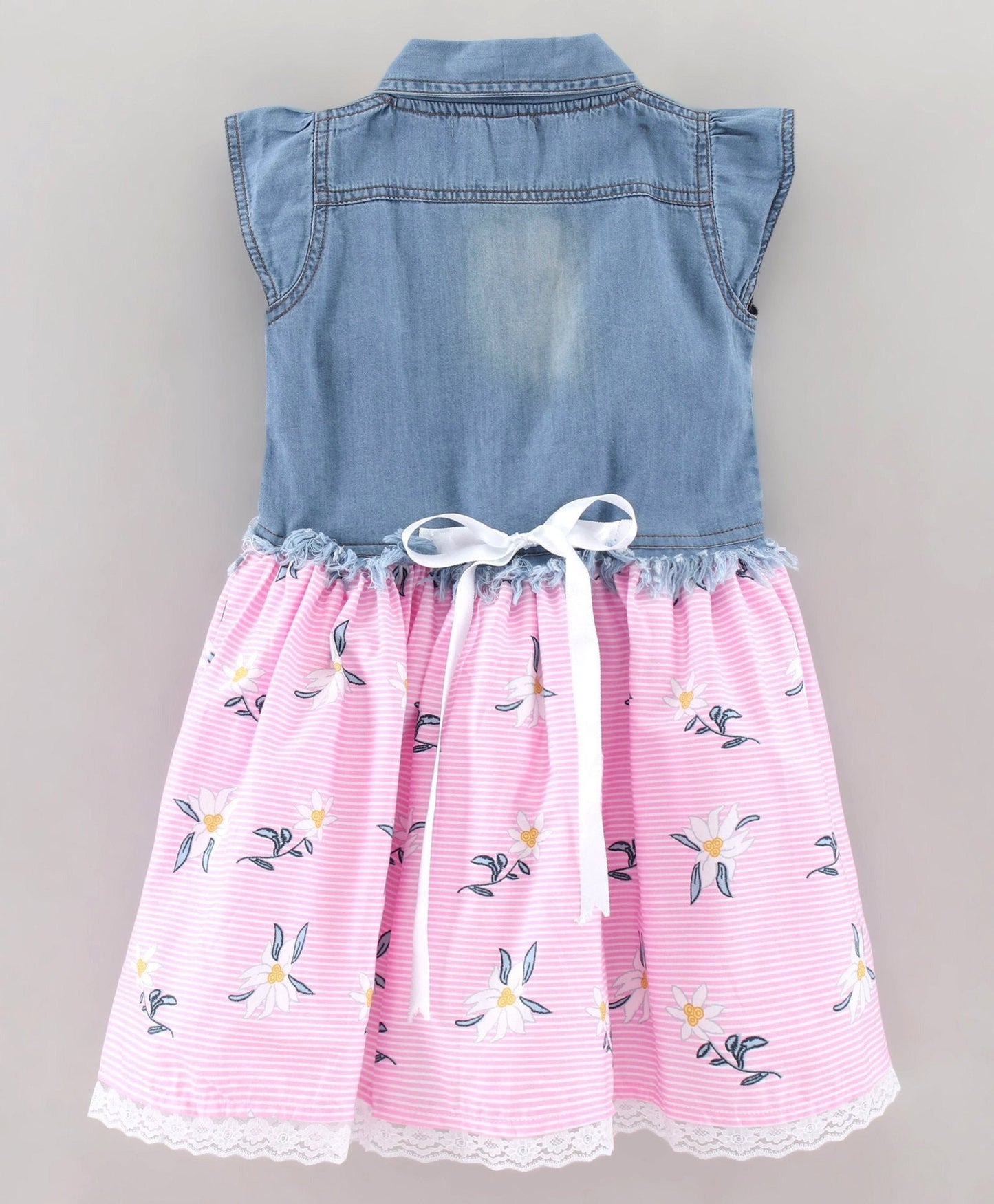 Enfance Cap Sleeves Embroidered With Floral & Stripes Print Flared Denim Yoke Dress -Pink