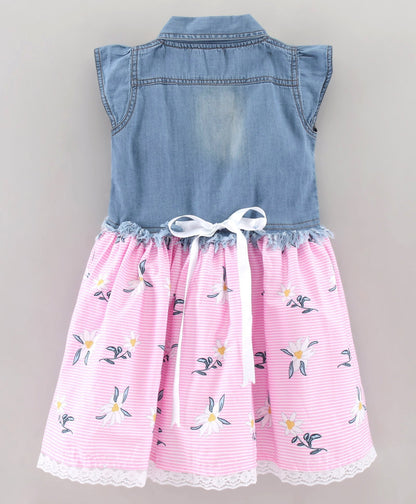 Enfance Cap Sleeves Embroidered With Floral & Stripes Print Flared Denim Yoke Dress -Pink
