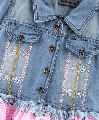 Enfance Cap Sleeves Embroidered With Floral & Stripes Print Flared Denim Yoke Dress -Pink