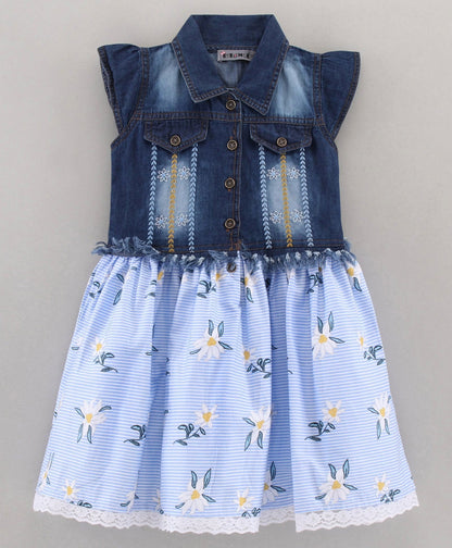 Enfance Cap Sleeves Embroidered With Floral & Stripes Print Flared Denim Yoke Dress -Skyblue