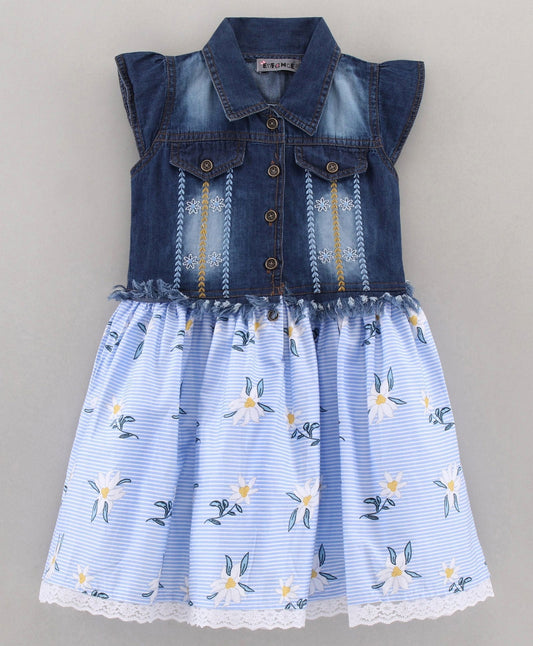 Enfance Cap Sleeves Embroidered With Floral & Stripes Print Flared Denim Yoke Dress -Skyblue