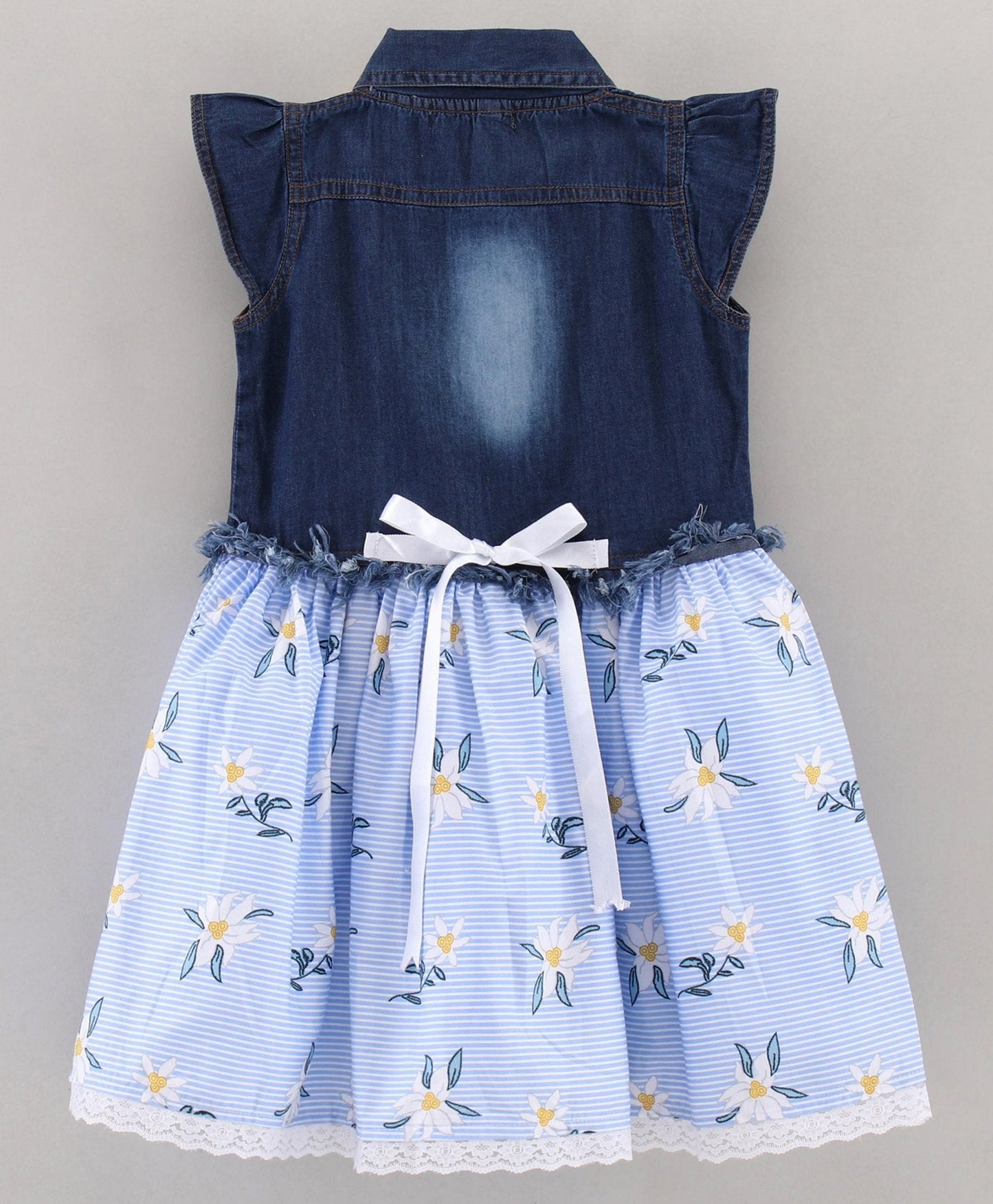 Enfance Cap Sleeves Embroidered With Floral & Stripes Print Flared Denim Yoke Dress -Skyblue