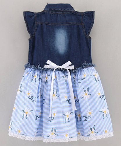 Enfance Cap Sleeves Embroidered With Floral & Stripes Print Flared Denim Yoke Dress -Skyblue