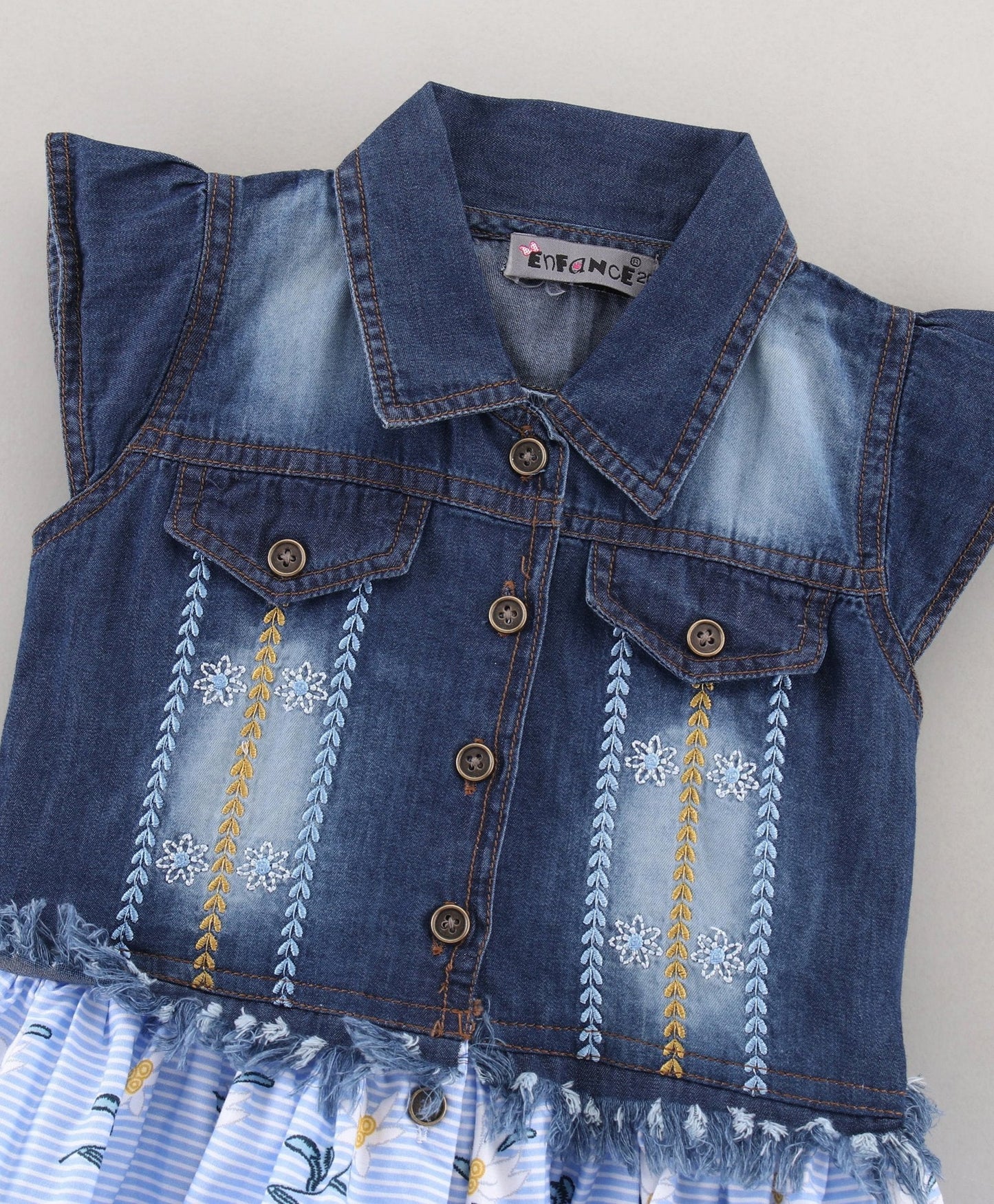 Enfance Cap Sleeves Embroidered With Floral & Stripes Print Flared Denim Yoke Dress -Skyblue